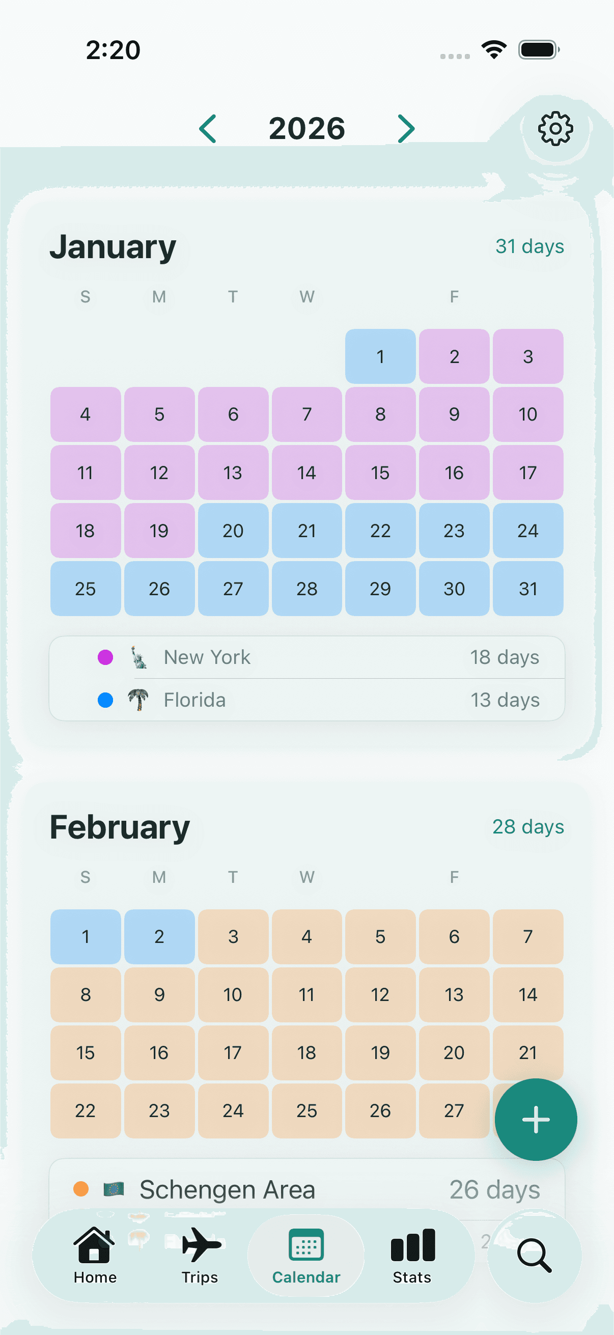Tax Days calendar screen with trips highlighted across months