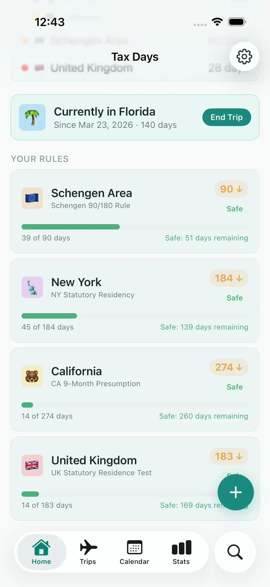 Tax Days rules list showing the Schengen 90/180 rolling-window progress