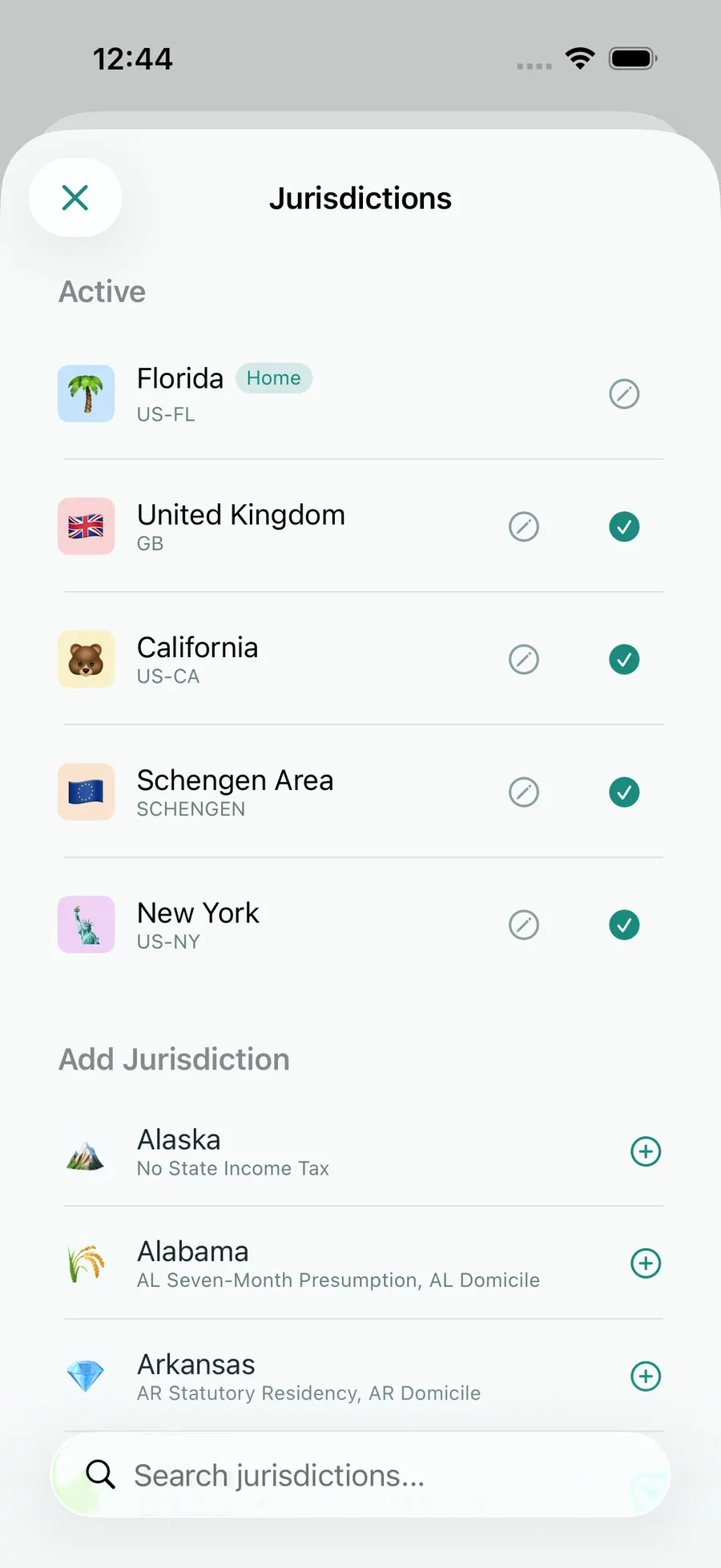 Tax Days jurisdiction picker with Florida, Schengen, the UK, California and New York active